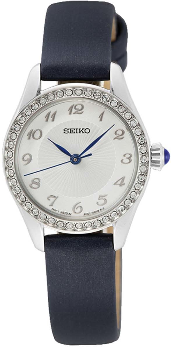 Orologio da donna con cinturino in pelle blu, cassa argentata, quadrante bianco e lunetta con pietre