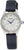 Orologio da donna con cinturino in pelle blu, cassa argentata, quadrante bianco e lunetta con pietre