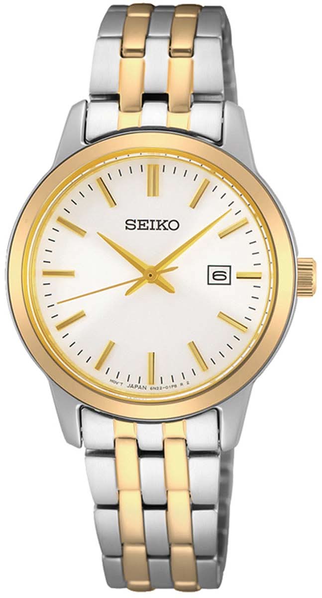 "Seiko Orologio da donna: quadrante bianco, lancette color oro, cinturino bicolore in acciaio"