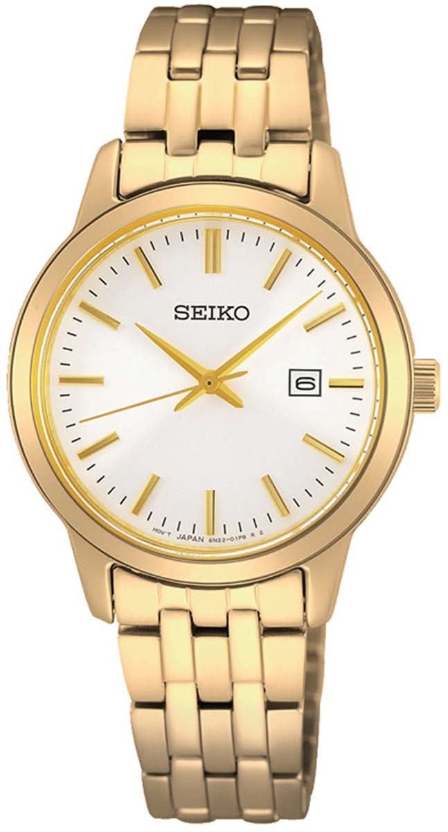 Orologio da uomo Seiko con cinturino in acciaio inossidabile color oro, quadrante rotondo e datario