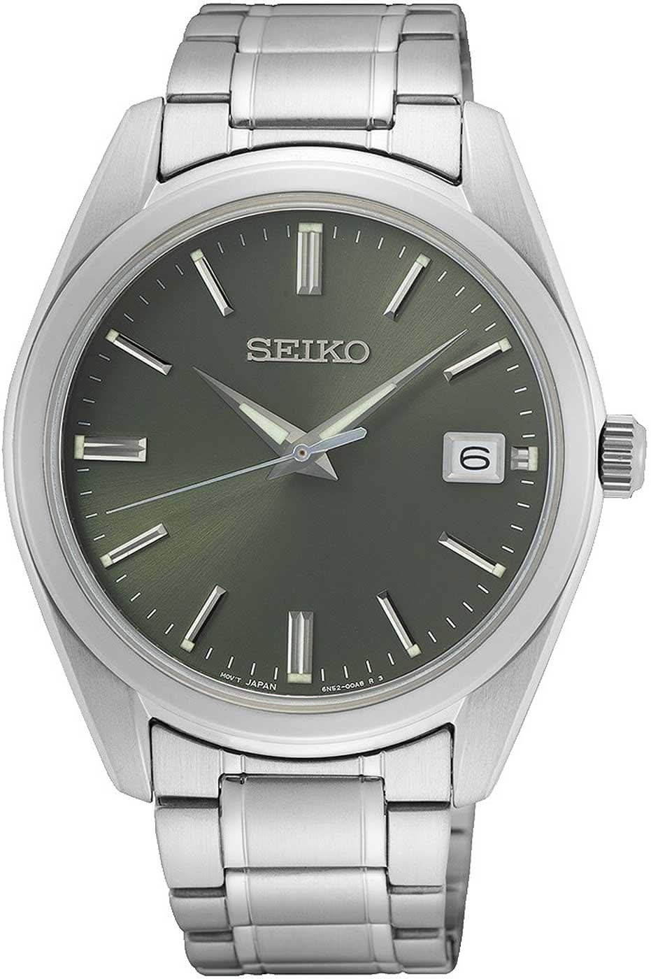 Orologio da uomo Seiko con bracciale in acciaio inossidabile, quadrante rotondo verde, datario a ore 6