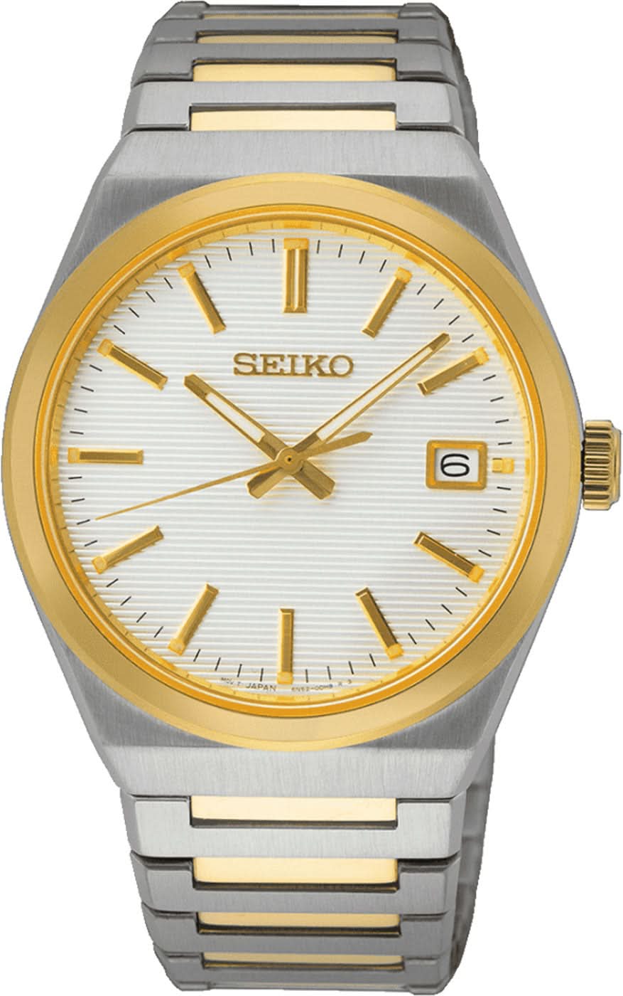 Orologio da uomo Seiko con bracciale in metallo, quadrante bianco argento-oro, datario