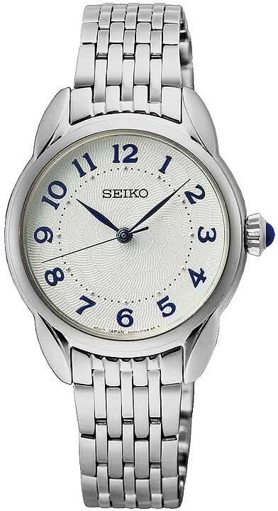 Orologio da donna in argento con bracciale in metallo, quadrante bianco e numeri blu, Seiko