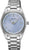 "Orologio da donna in acciaio inossidabile con quadrante blu, indici in diamanti e datario."