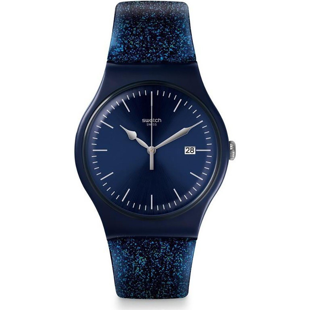 Swatch Glitterspace SUON401 Unisex Armbanduhr Transparent • Quarzwerk • Glitzer-Design