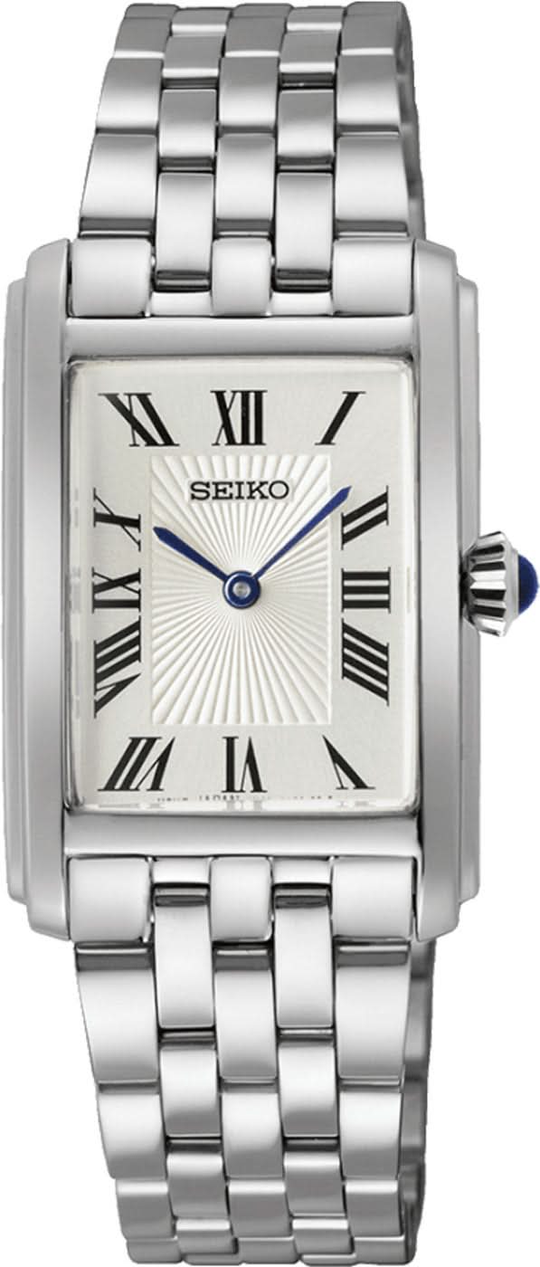 Seiko Damenuhr mit silbernem Edelstahlband, weißem Zifferblatt und römischen Ziffern