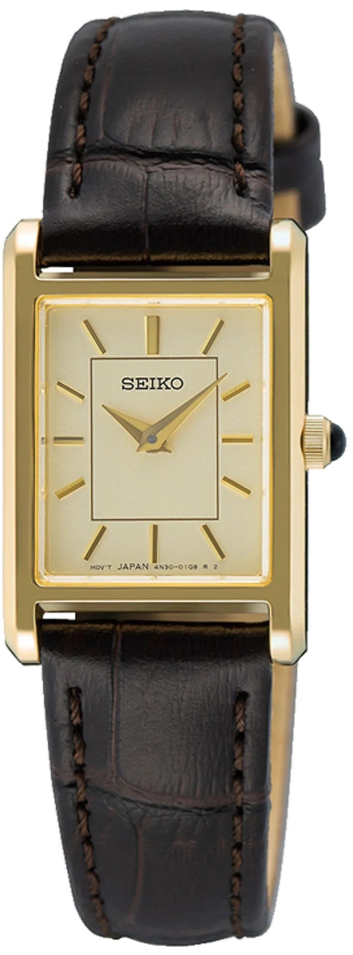 Orologio da donna Seiko con cinturino in pelle nera, cassa color oro e quadrante rettangolare.