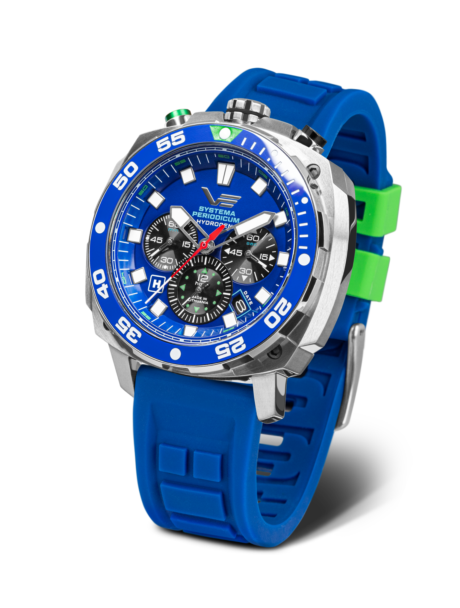 Orologio da uomo Vostok Europe con cinturino in silicone blu, quadrante blu e lunetta color argento.