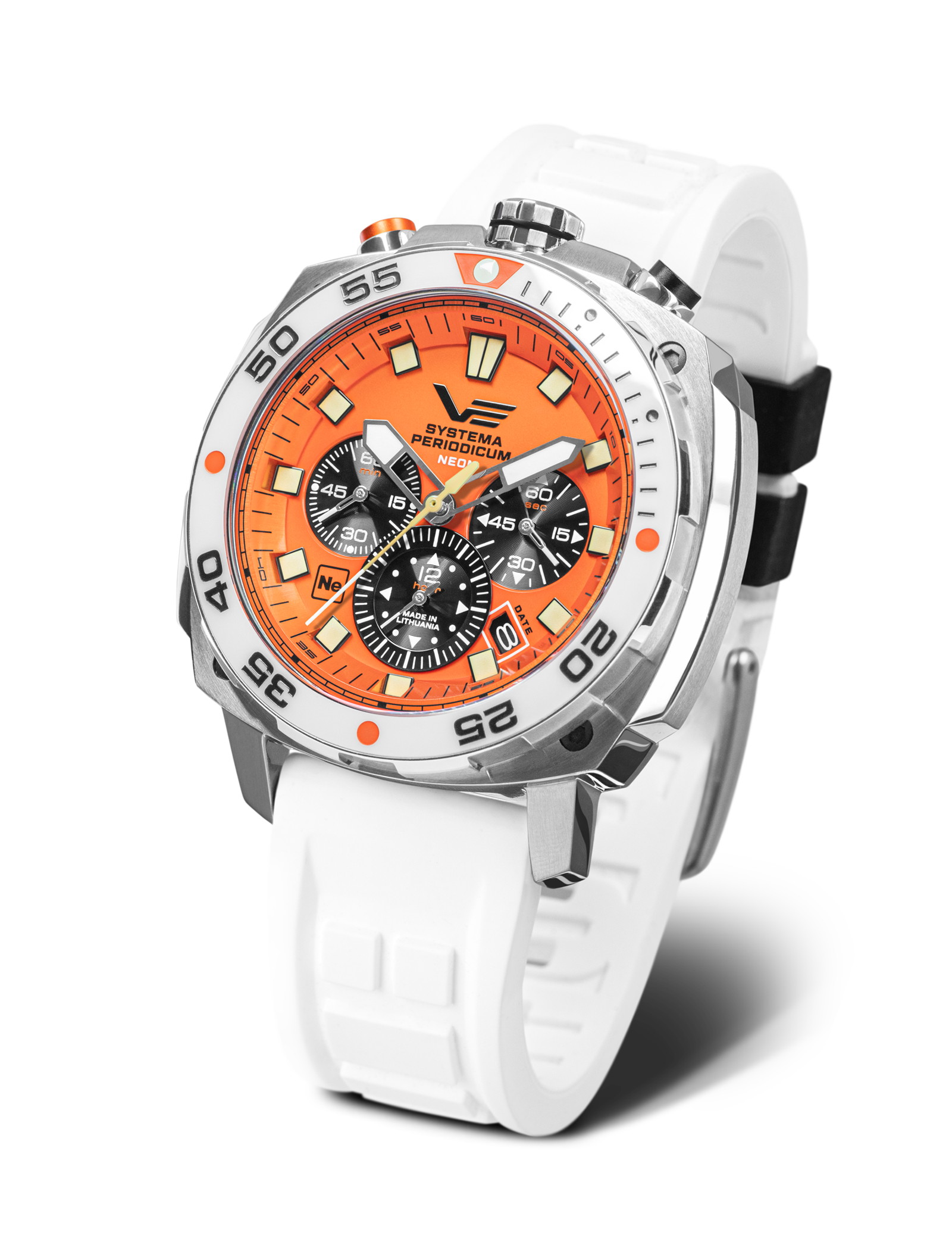 Orologio da uomo Vostok Europe: quadrante arancione, cinturino in silicone bianco, impermeabile fino a 20 ATM