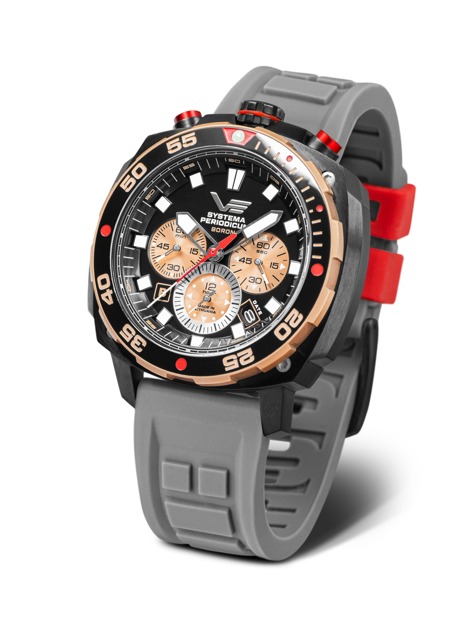 Orologio da uomo Vostok Europe con cinturino in silicone grigio, quadrante nero e dettagli rossi