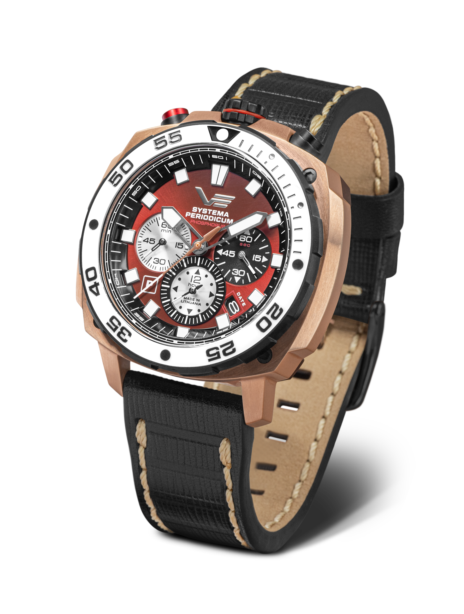 Orologio da uomo Vostok Europe con cinturino in pelle marrone, cassa rotonda, quadrante rosso
