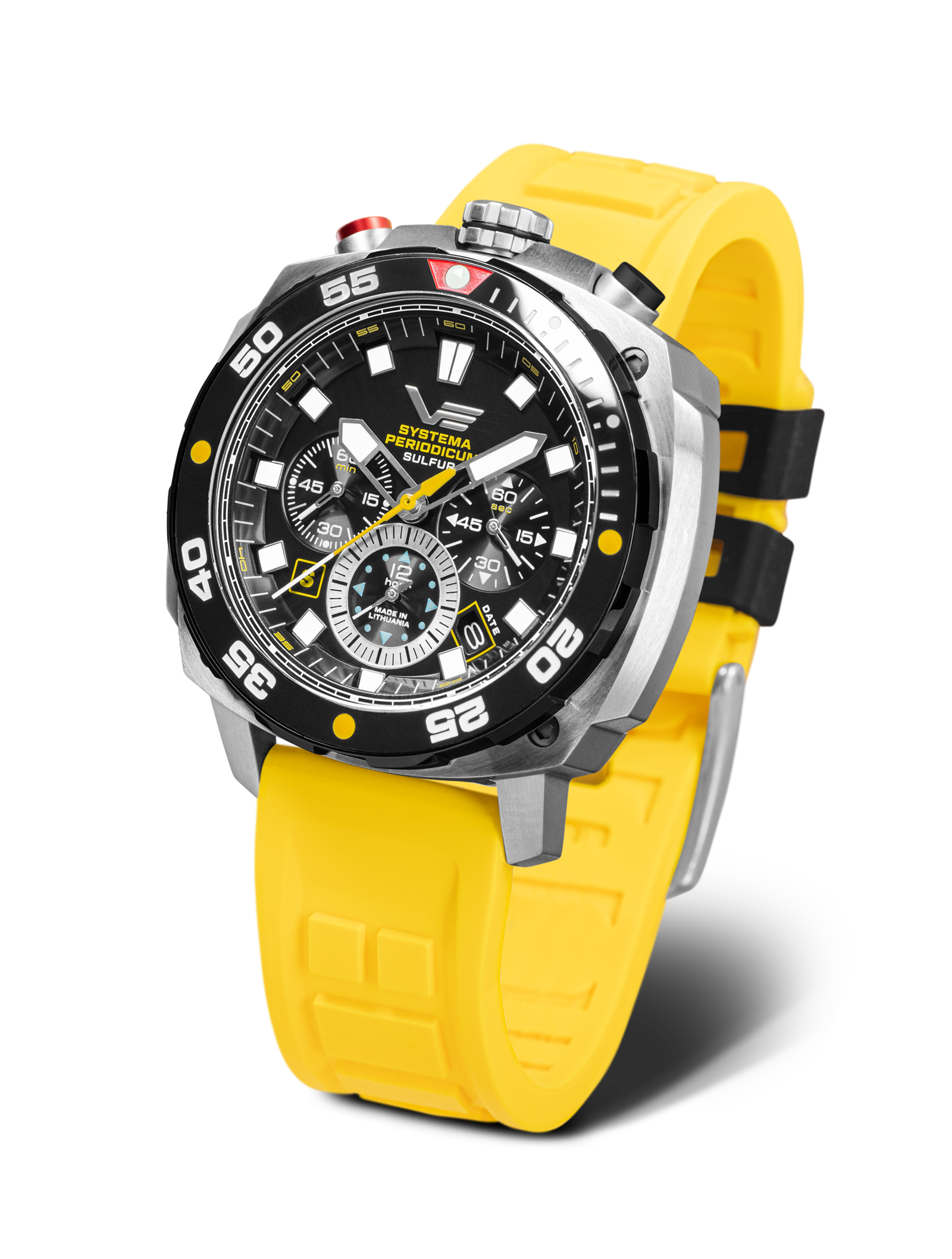 Orologio da uomo con quadrante nero e cinturino in silicone giallo, design cronografo