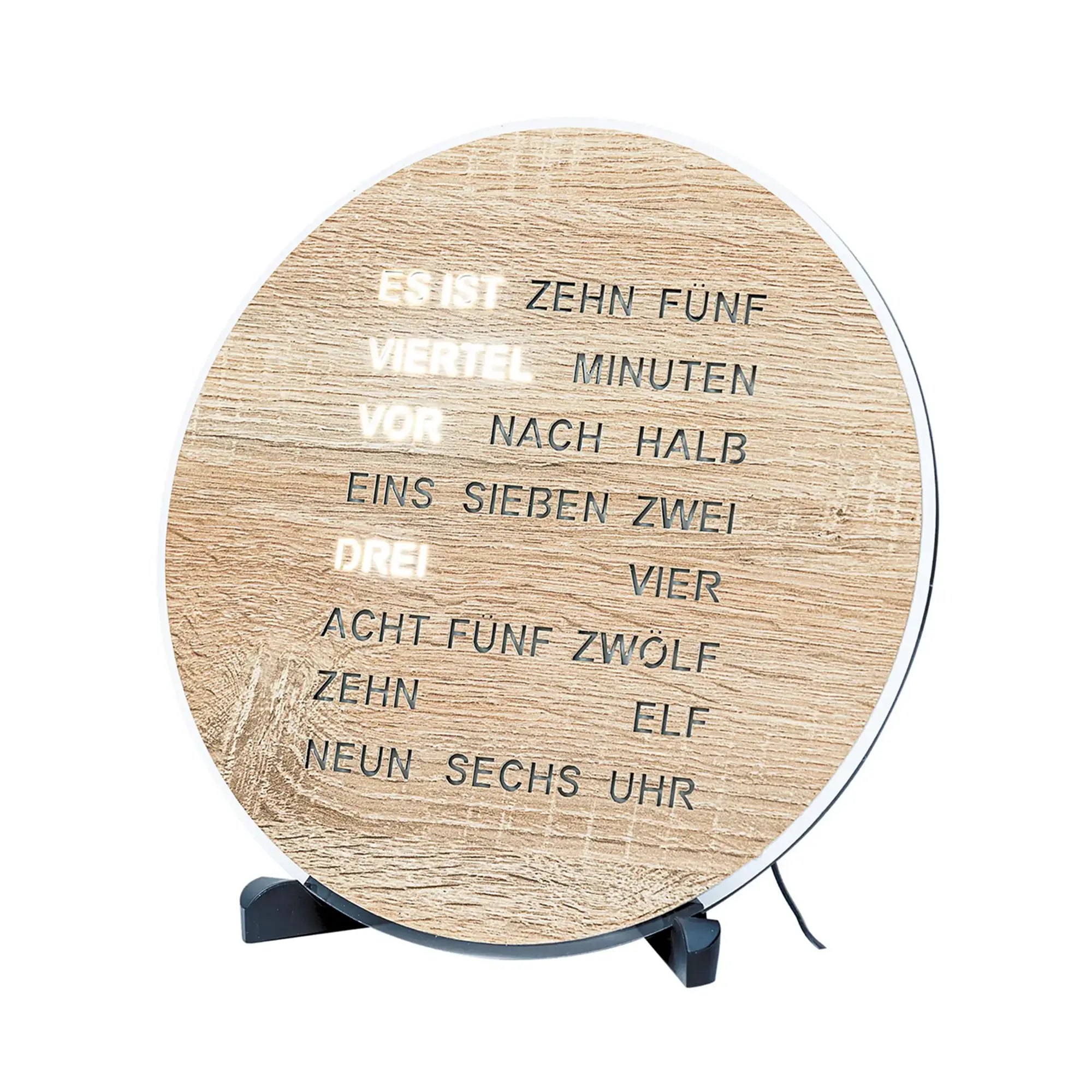 Orologio con display LED rotondo a parole, effetto legno, con testo luminoso su supporto