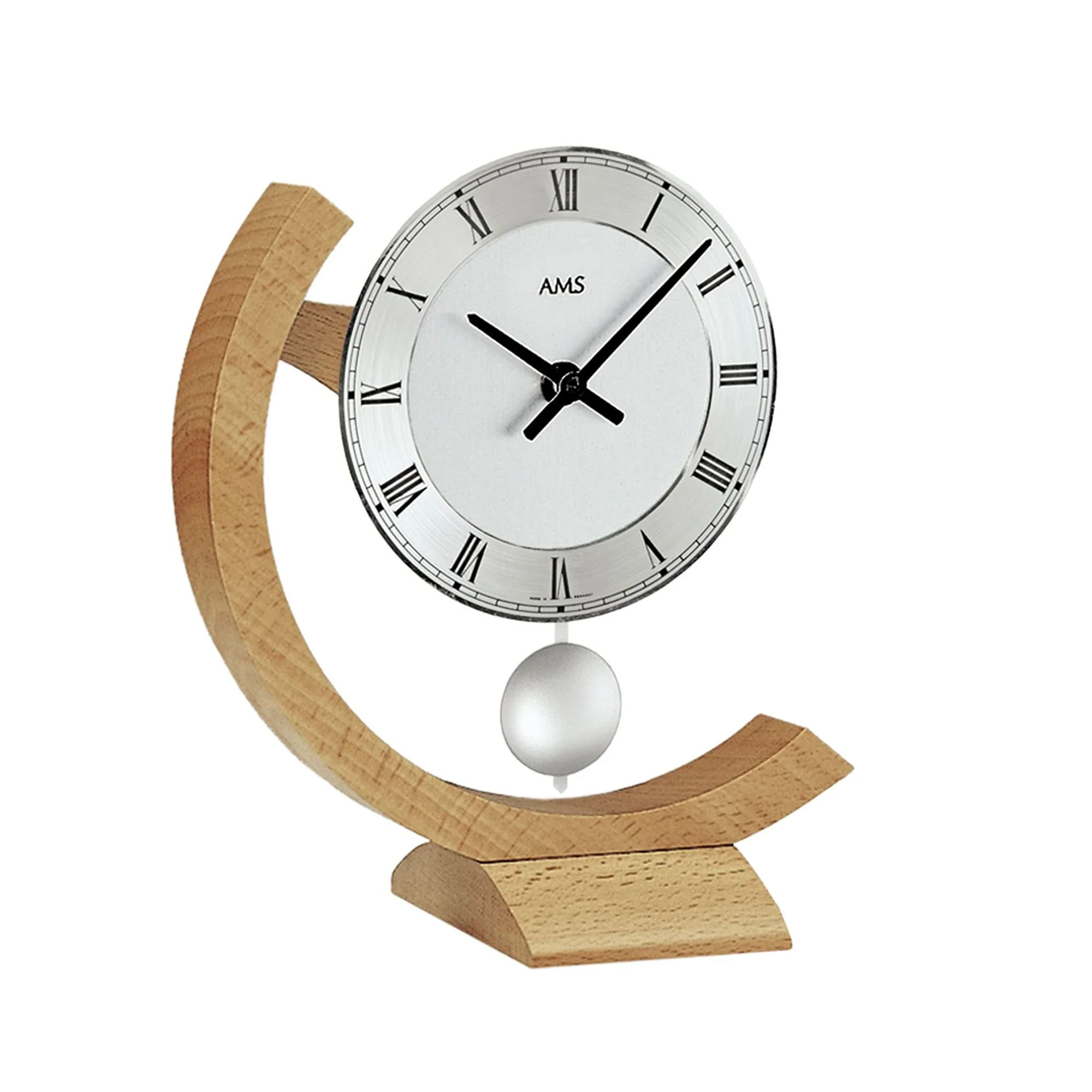 Orologio da tavolo effetto faggio con quadrante bianco, numeri romani, logo AMS e pendolo