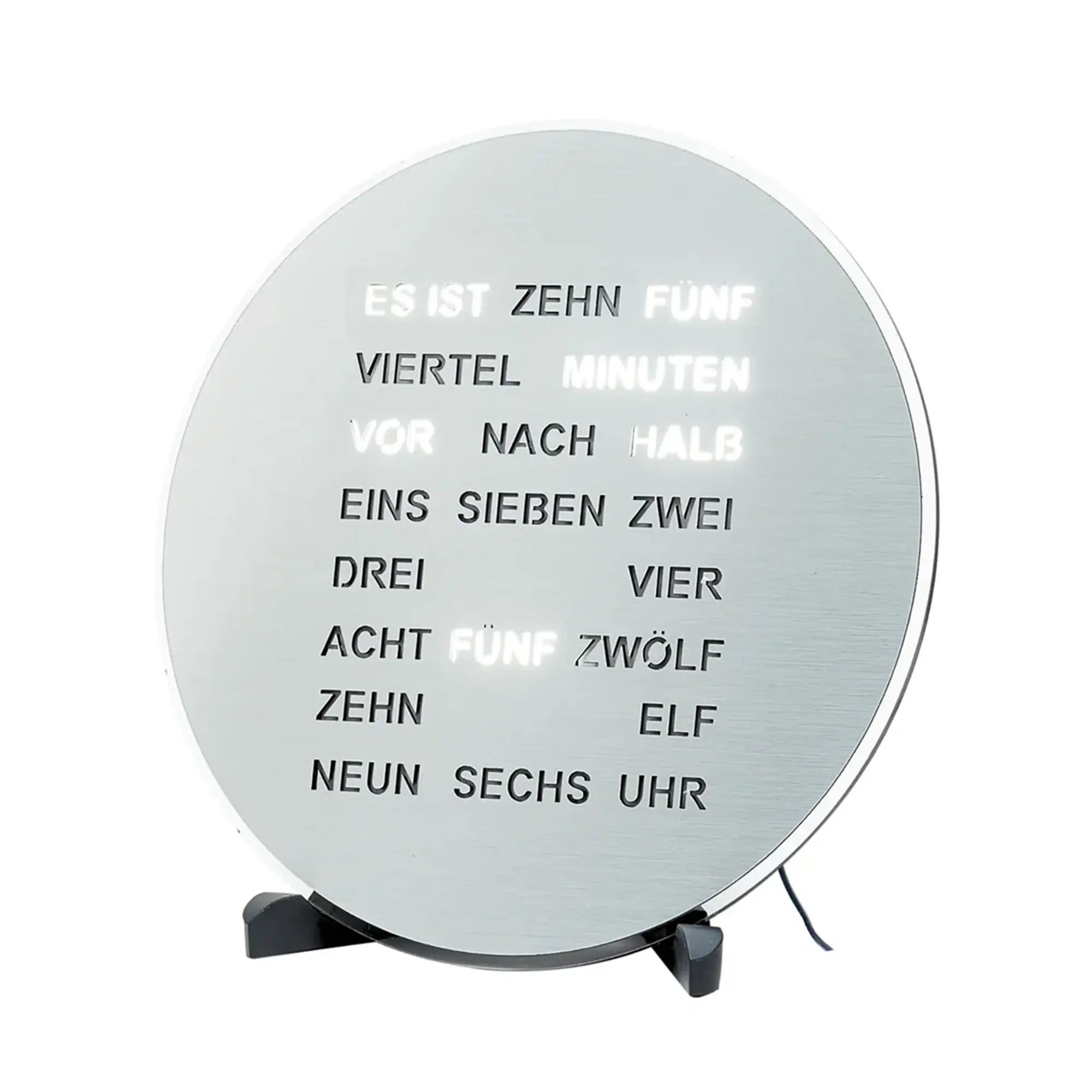 Orologio con display testuale LED rotondo, quadrante grigio e supporto, display testuale chiaro in tedesco