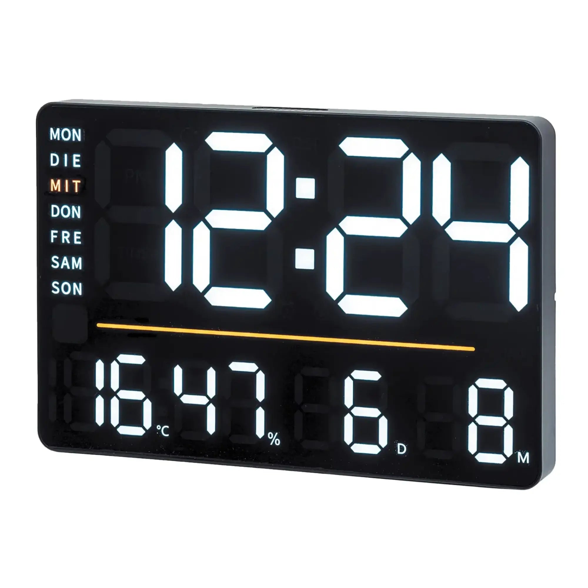 Orologio digitale con display a LED, nero, con indicazione del giorno e valori di temperatura e umidità.