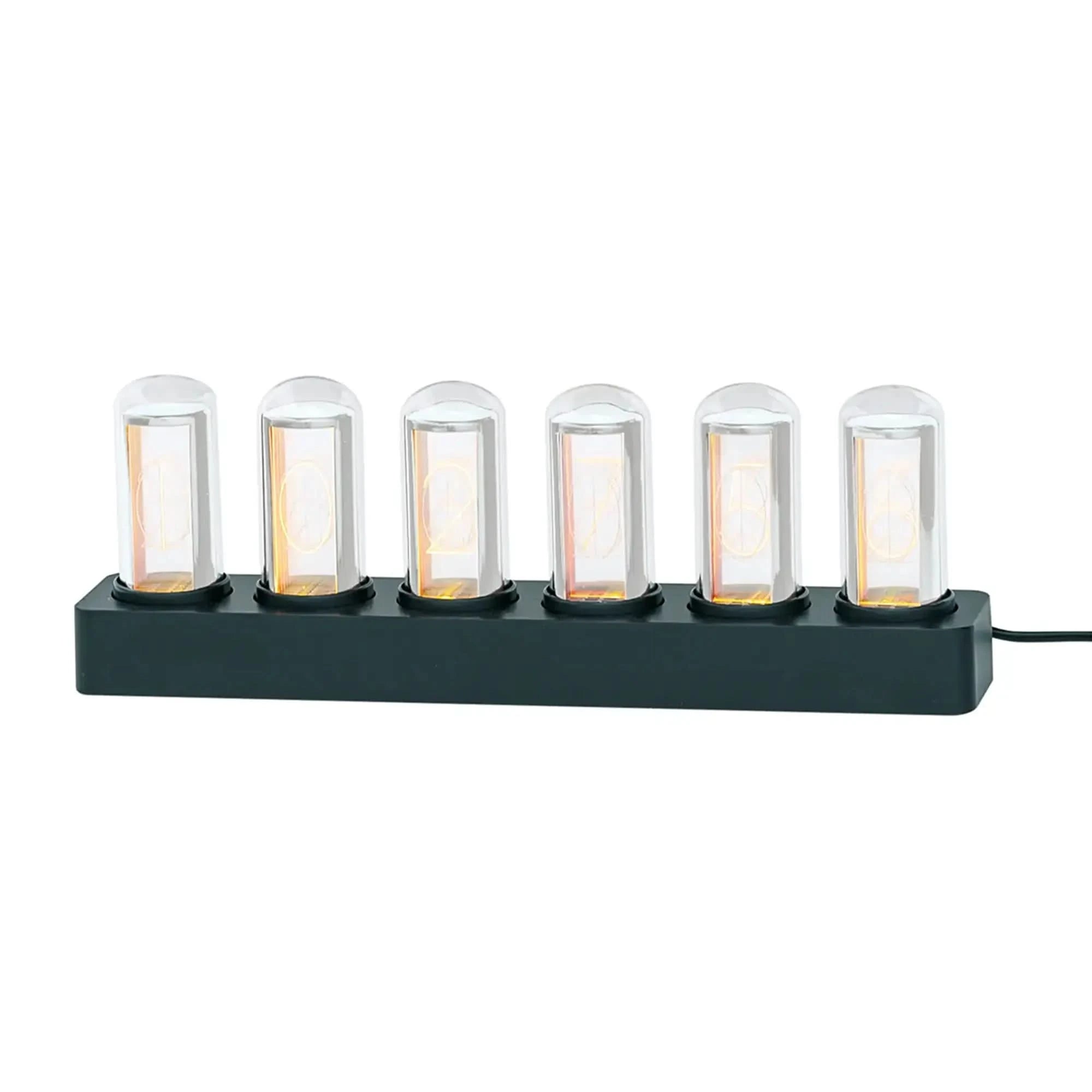 Orologio da tavolo con sei tubi di vetro, base nera e display LED giallo luminoso.