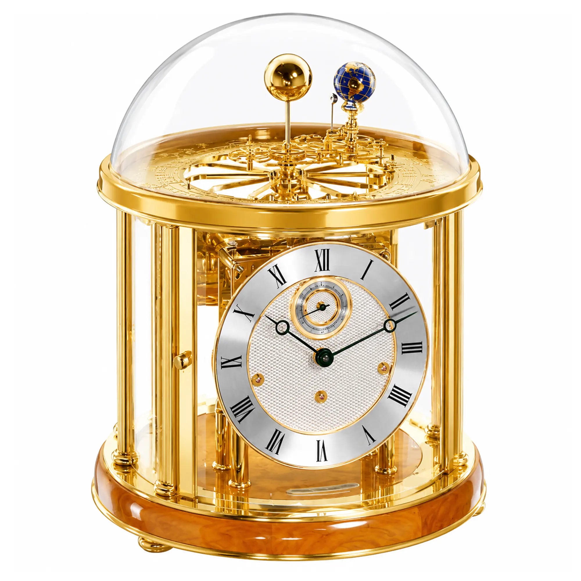 Orologio da tavolo dorato con cupola in vetro rotonda e quadrante bianco