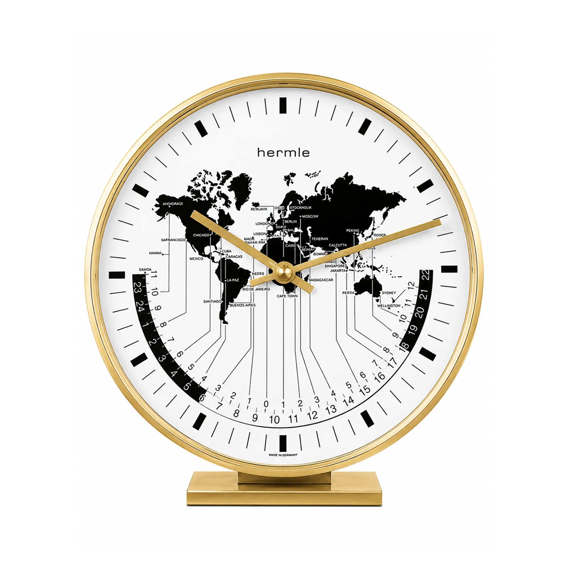Orologio da tavolo con cornice in ottone, quadrante bianco e quadrante analogico con mappa del mondo, lancette dorate