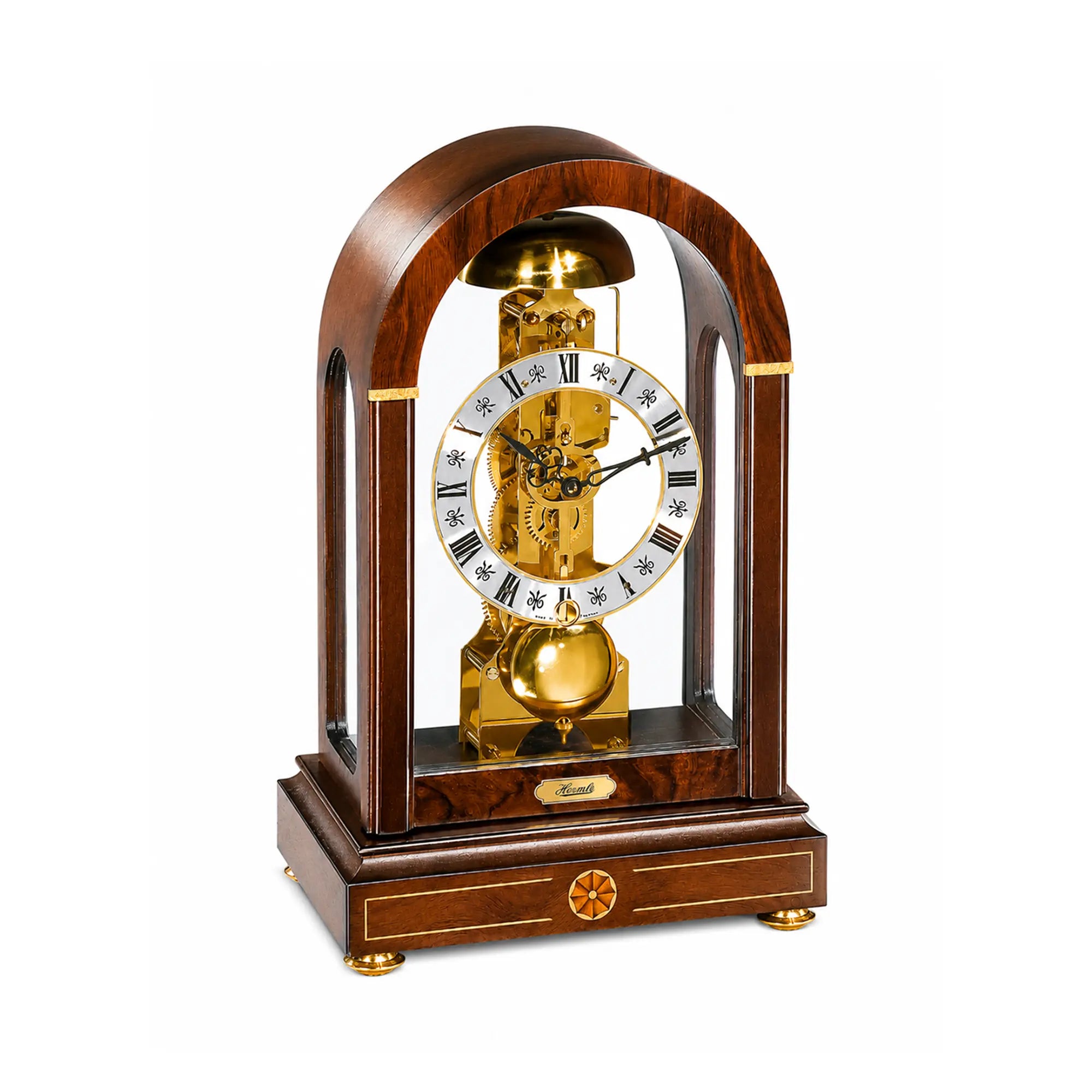 Orologio da tavolo in legno con cornice in vetro e movimento color oro, numeri romani