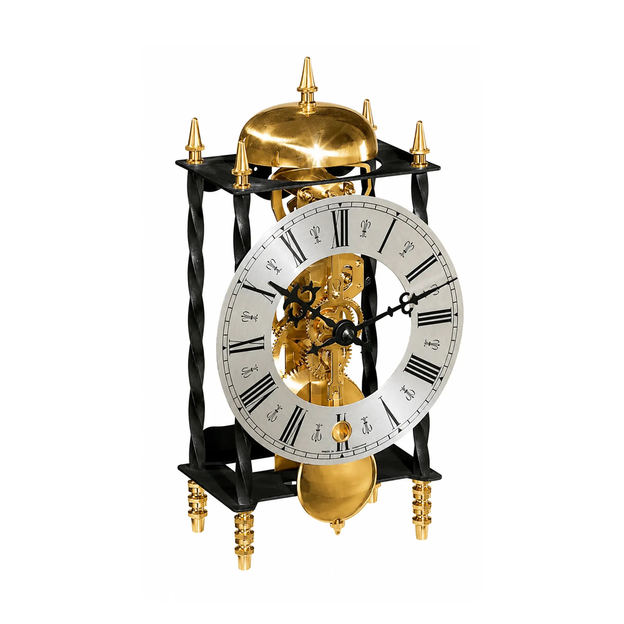 Orologio da tavolo meccanico con quadrante dorato e movimento a vista, cornice nera