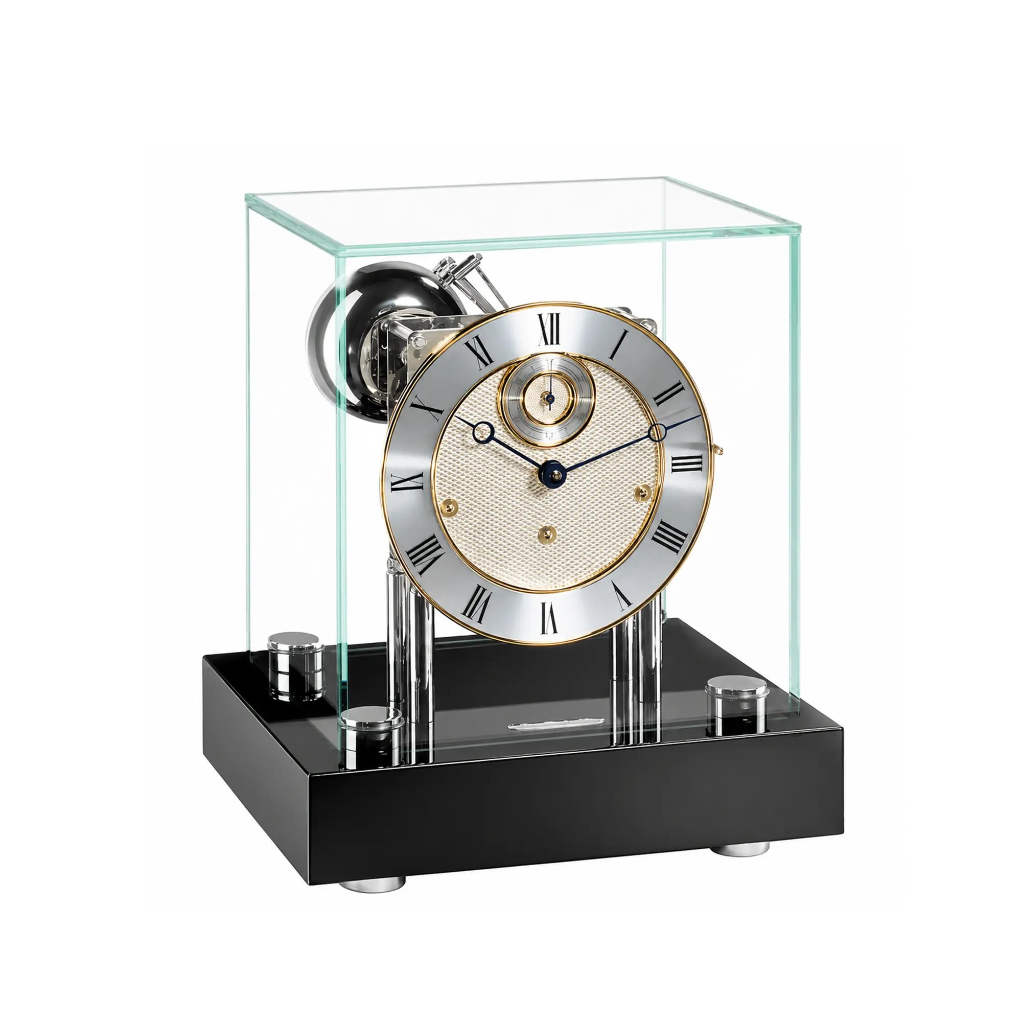 Orologio da tavolo con cassa in vetro, base nera e quadrante beige con numeri romani