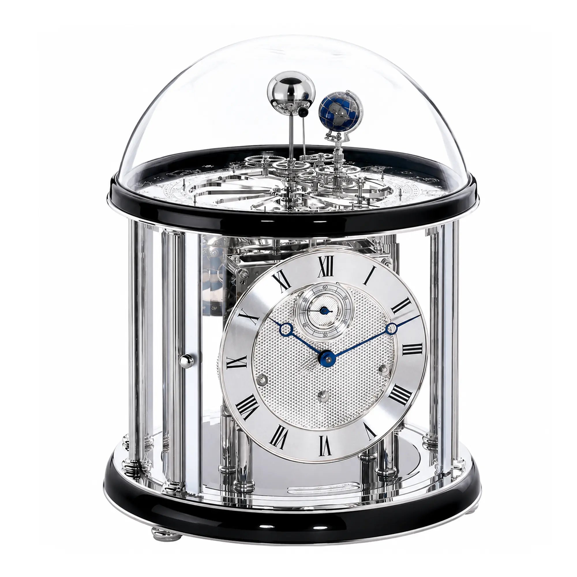 Orologio da tavolo con campana di vetro e movimento argentato, base nera