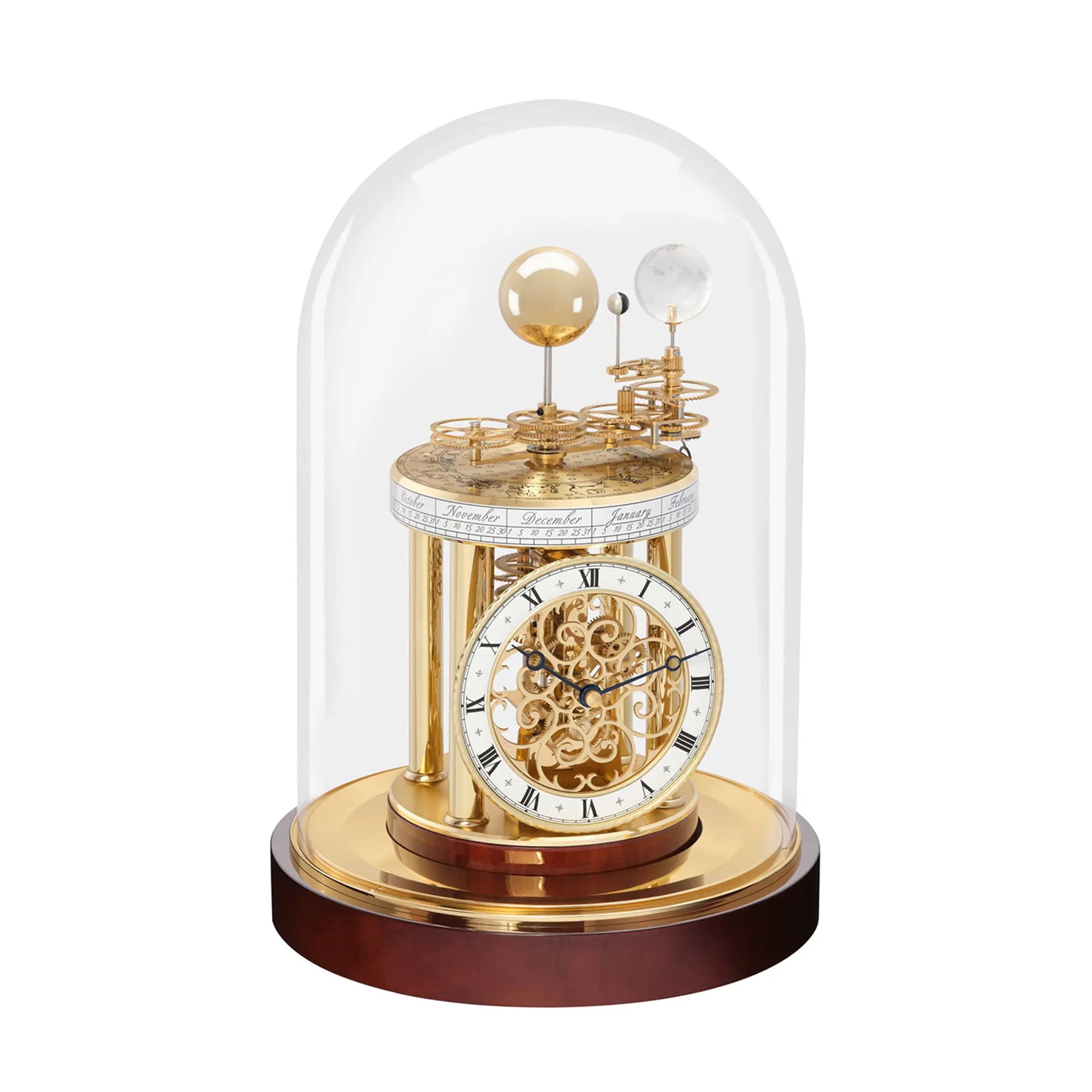 Orologio da tavolo con movimento dorato sotto campana di vetro, base rotonda marrone scuro