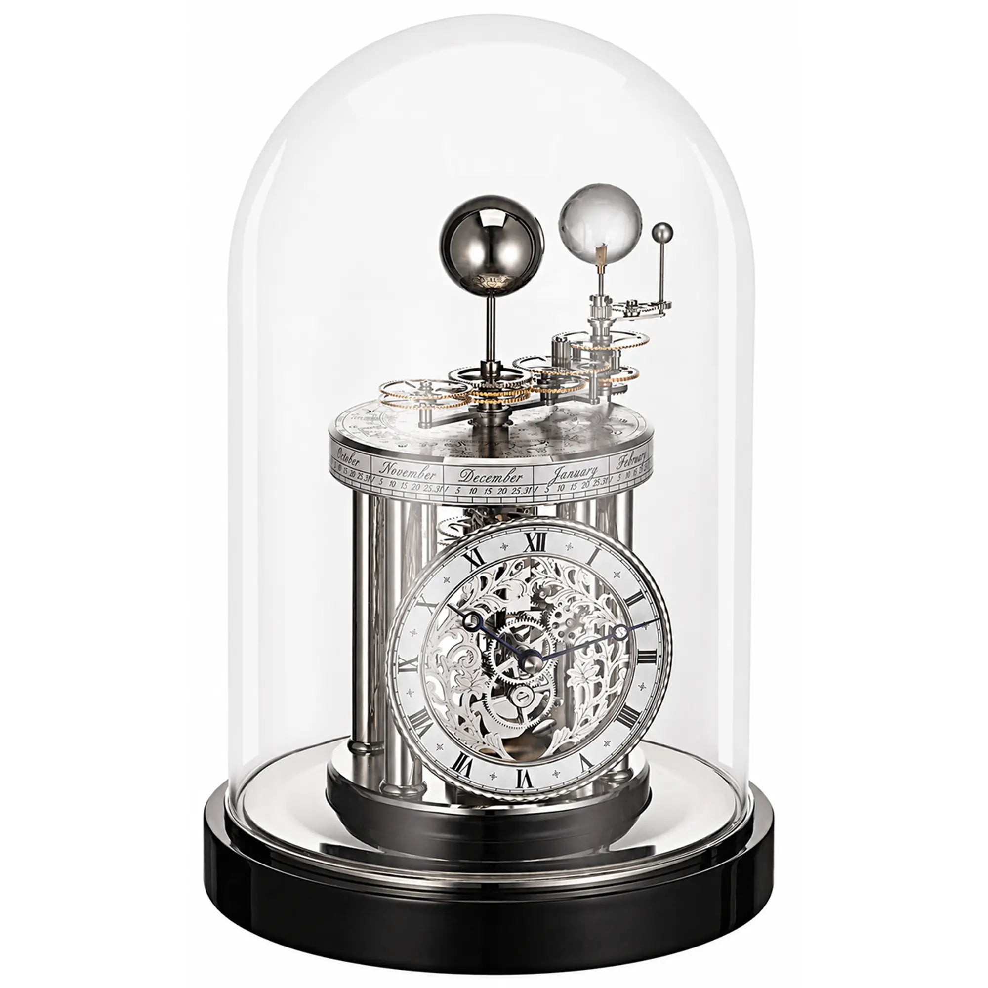 Orologio da tavolo con cupola in vetro, quadrante argentato e base nera