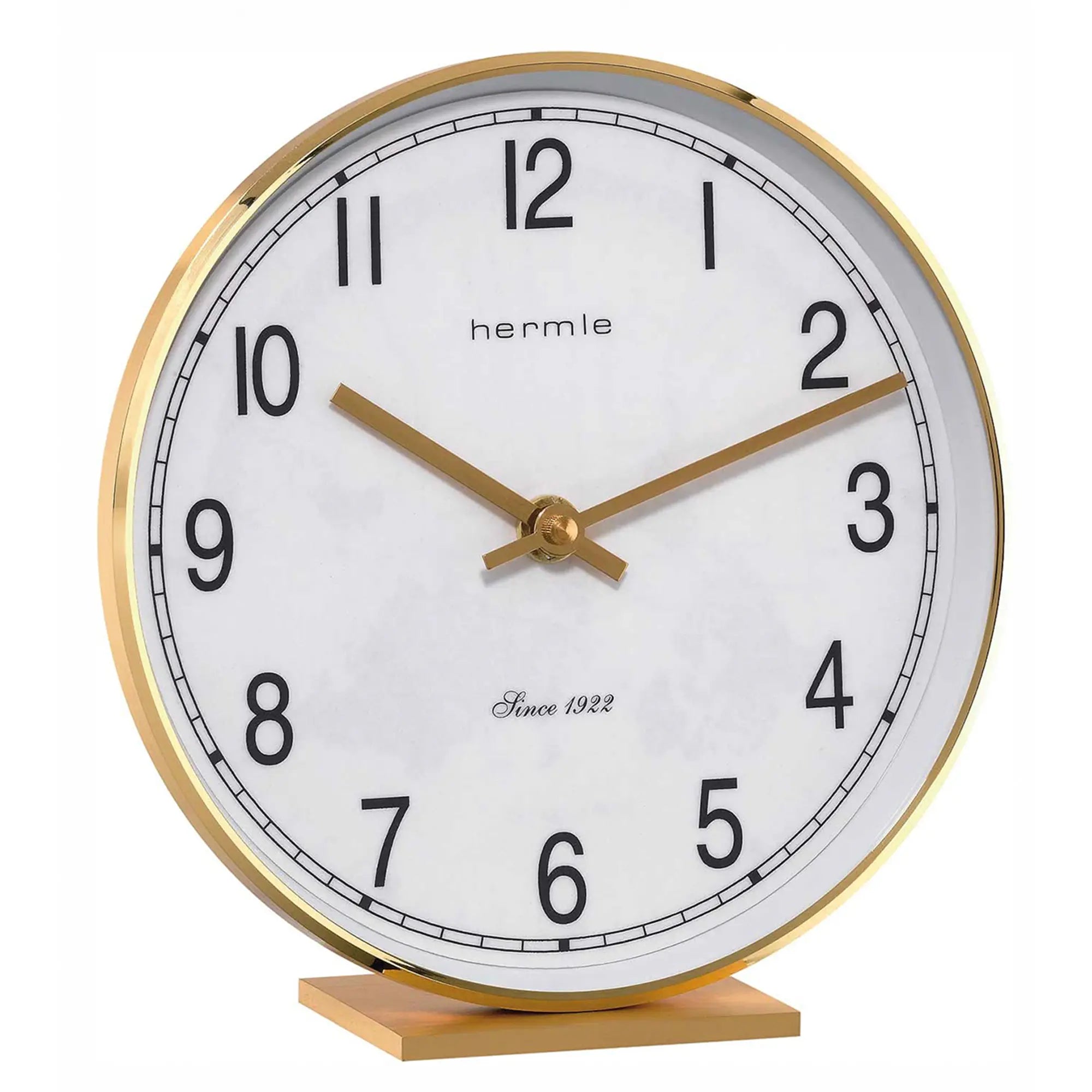 Orologio da tavolo con quadrante bianco, lancette dorate e cornice in ottone su base in legno
