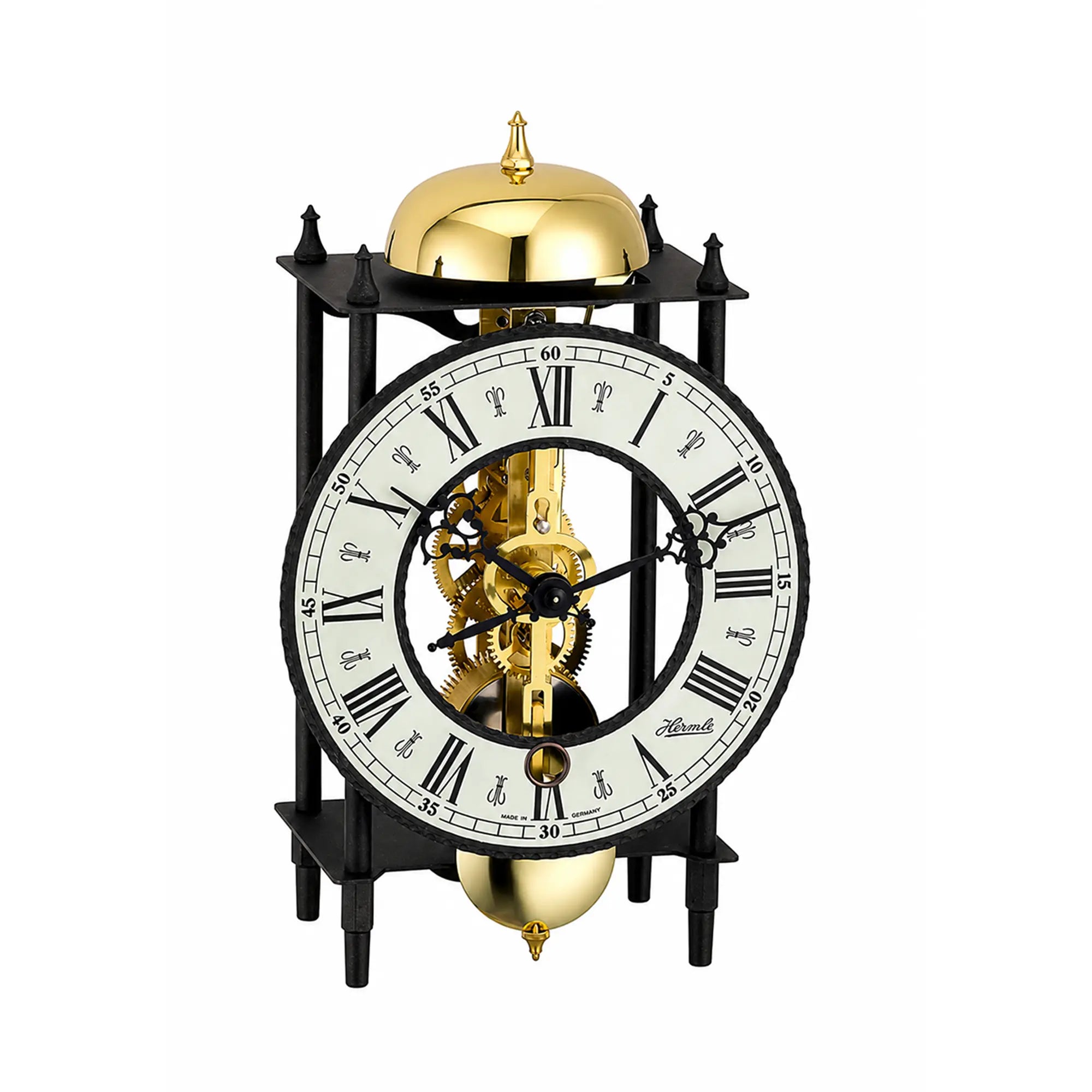 Orologio da tavolo meccanico con movimento a scheletro a vista, quadrante rotondo, movimento color oro