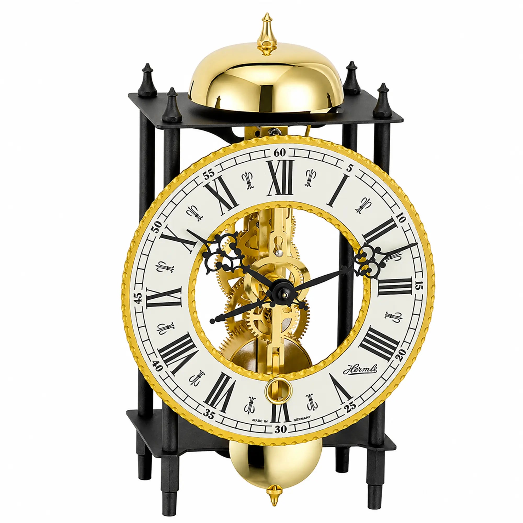Mechanische Tischuhr mit Skelett-Mechanismus, goldene Ziffern und schwarzem Rahmen