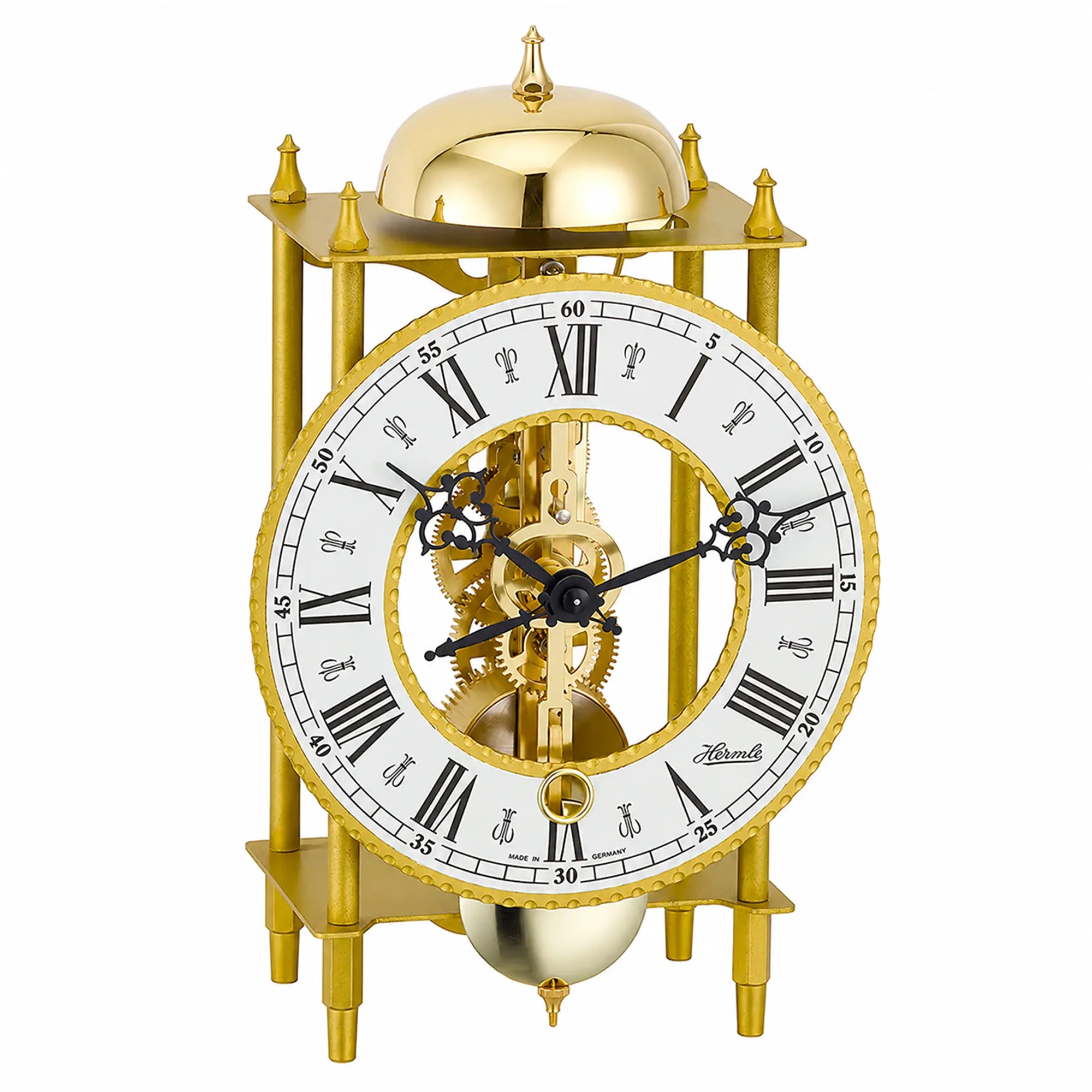 Orologio da tavolo con cassa in metallo dorato, cupola semicircolare in vetro e quadrante romano