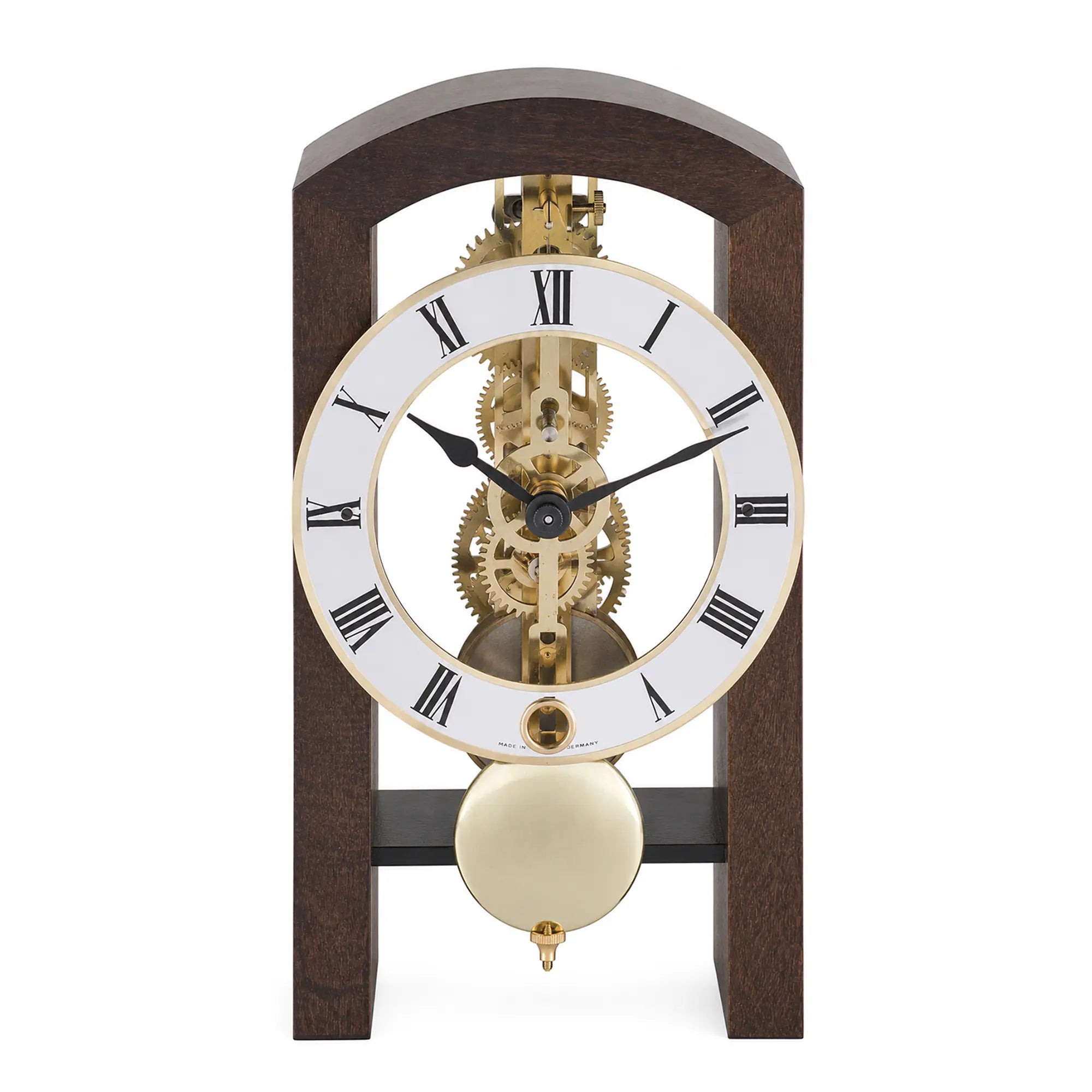 Orologio da tavolo con movimento scheletrato, quadrante rotondo, numeri romani e cassa in legno