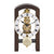 Orologio da tavolo con movimento scheletrato, quadrante rotondo, numeri romani e cassa in legno