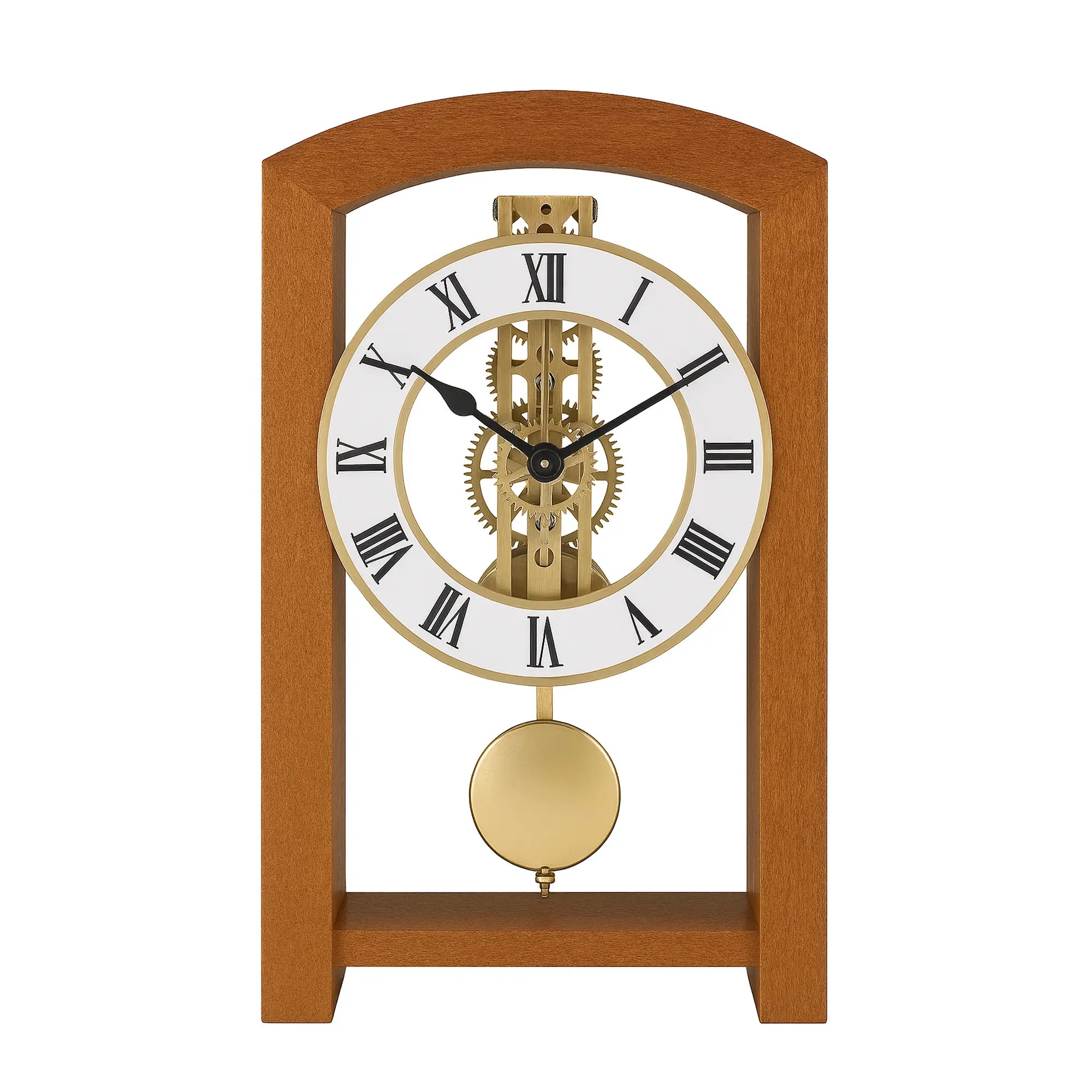 Orologio da tavolo in legno con movimento meccanico a scheletro, quadrante rotondo e pendolo a sfera
