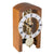 Orologio da tavolo in legno con vista frontale: movimento a scheletro, numeri romani e sfera del pendolo