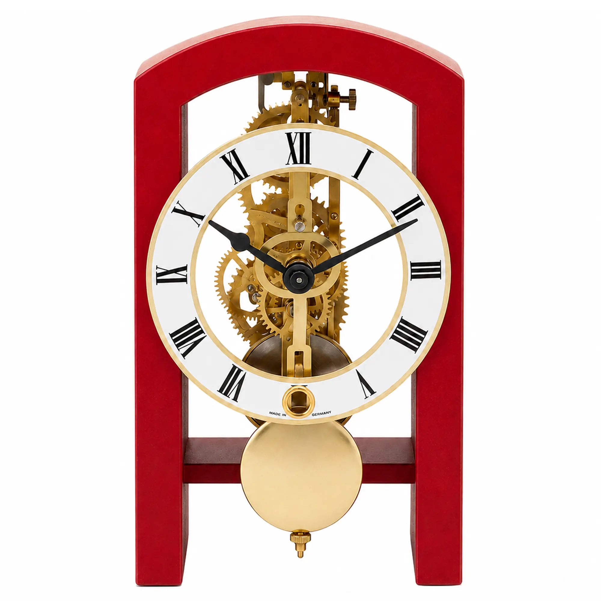 Orologio da tavolo con cassa in legno rossa, quadrante meccanico a vista e peso a pendolo