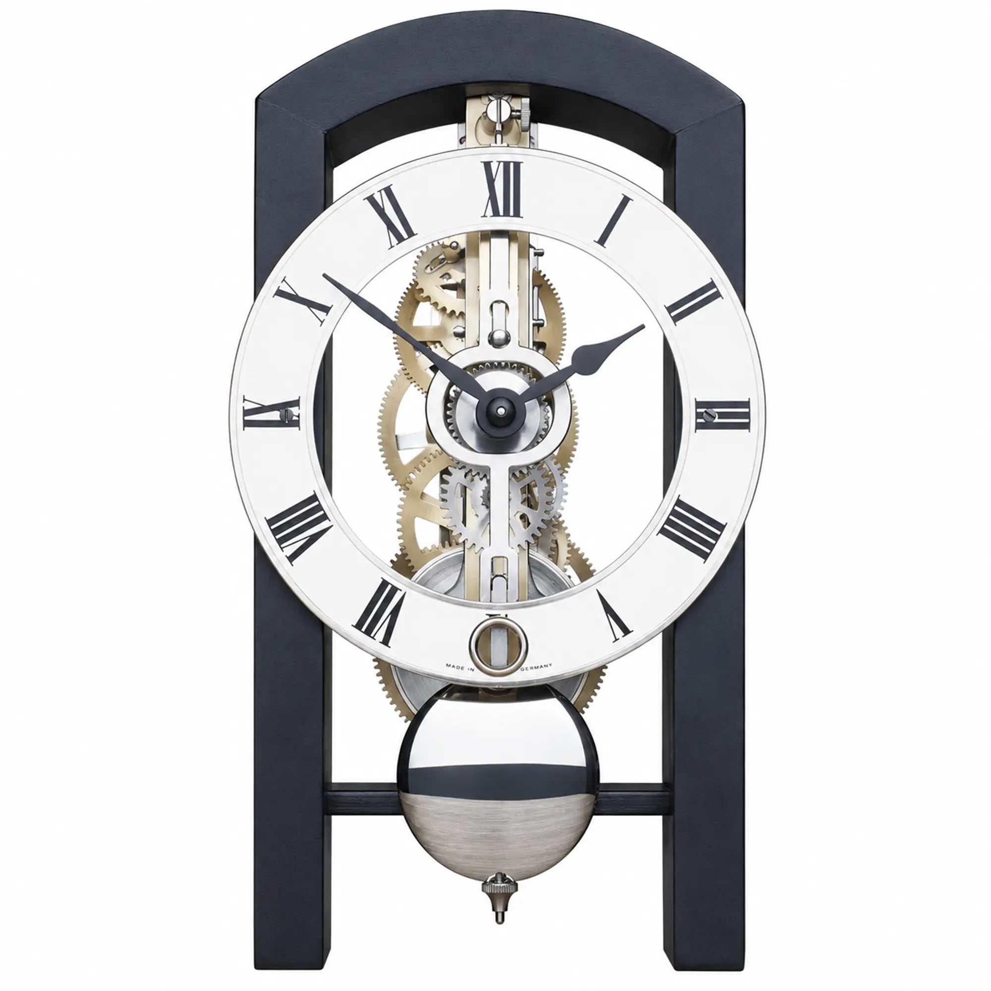 Orologio da tavolo blu scuro con movimento a vista, quadrante bianco e numeri romani