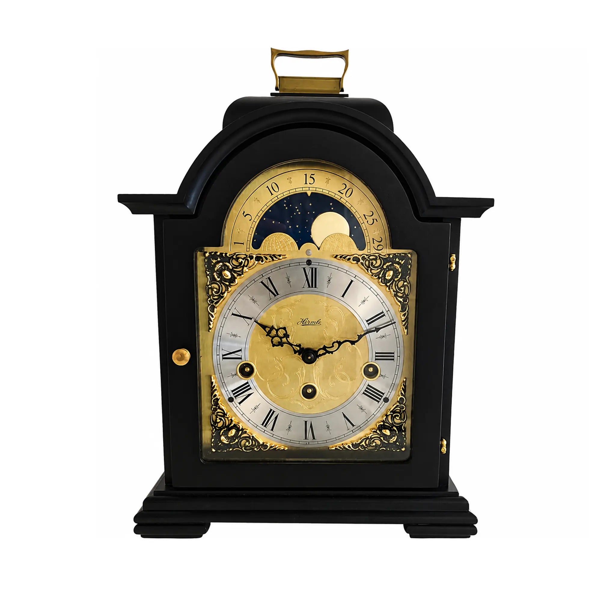 Orologio da tavolo nero con indicatore delle fasi lunari dorato, quadrante e cornice decorativa