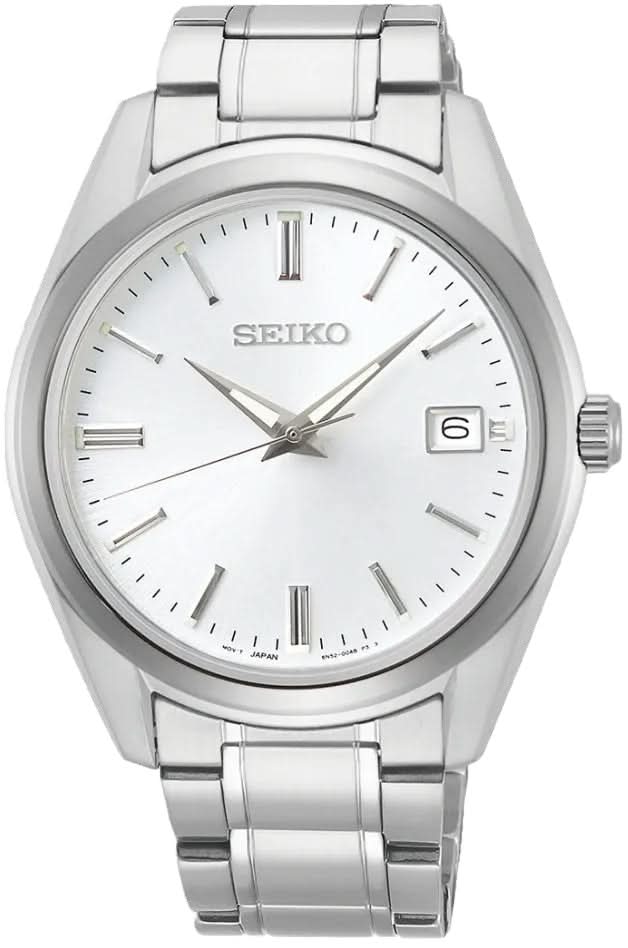 Seiko Herrenuhr mit silberfarbenem Edelstahlband, weißem Zifferblatt, Datumsfenster bei 6