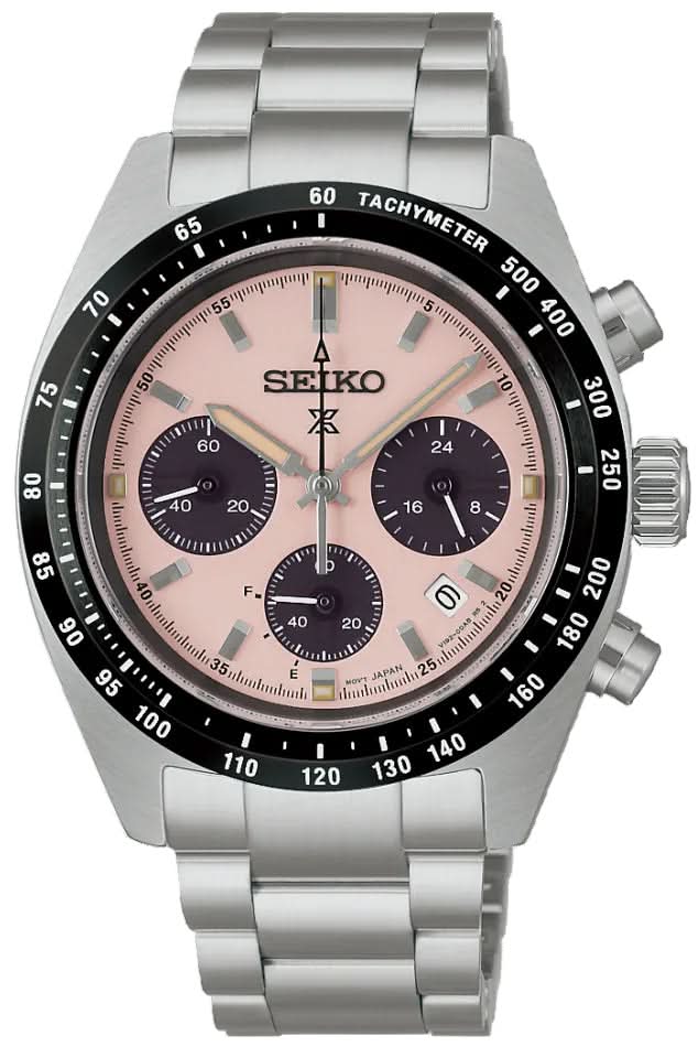 Orologio da uomo Seiko Prospex: cronografo solare, cinturino in acciaio inossidabile color argento, quadrante color rosa