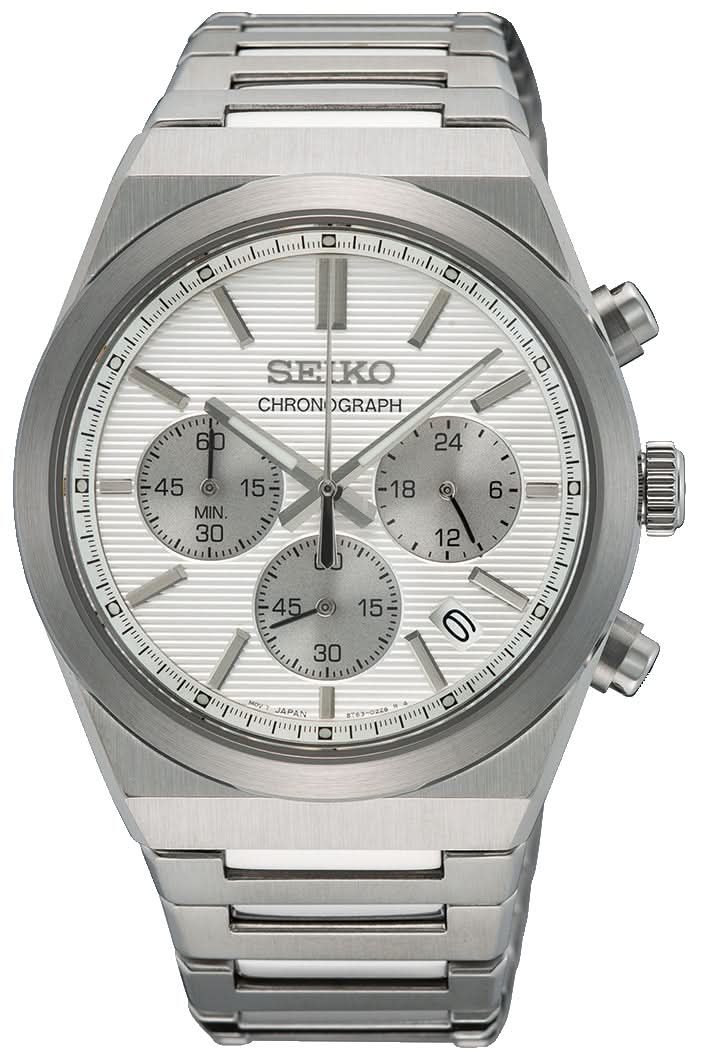Orologio da uomo con cronografo, cinturino in acciaio inossidabile argentato e quadrante bianco