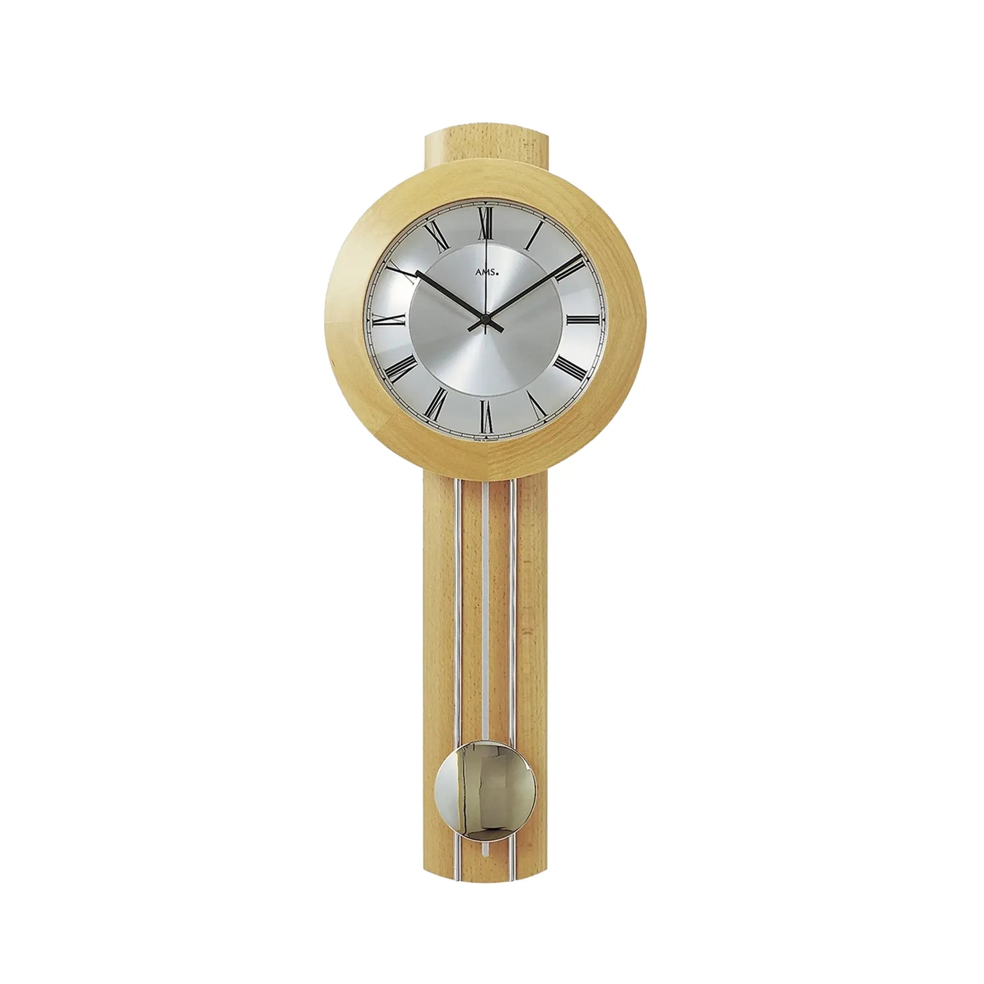 Runde Wanduhr mit Holzrahmen, weißem Zifferblatt und hängendem Metallpendel