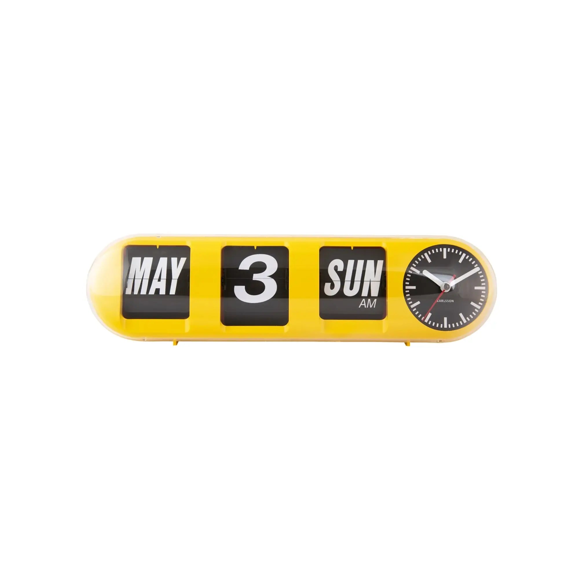 Leuchtgelbe Tube-Flip-Wanduhr mit „MAY“, „3“, „SUN AM“ und kleinem Ziffernrad