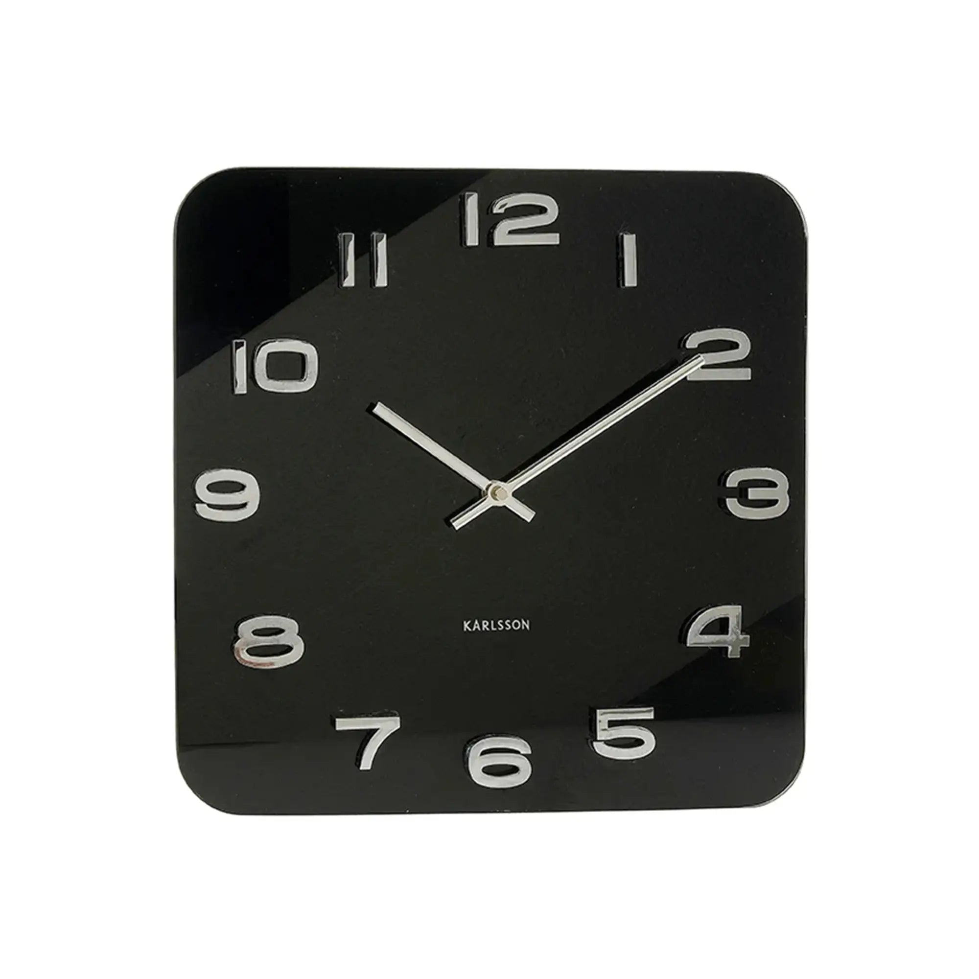Karlsson Wanduhr, quadratisches schwarzes Zifferblatt, silberne Stunden- und Minutenzeiger