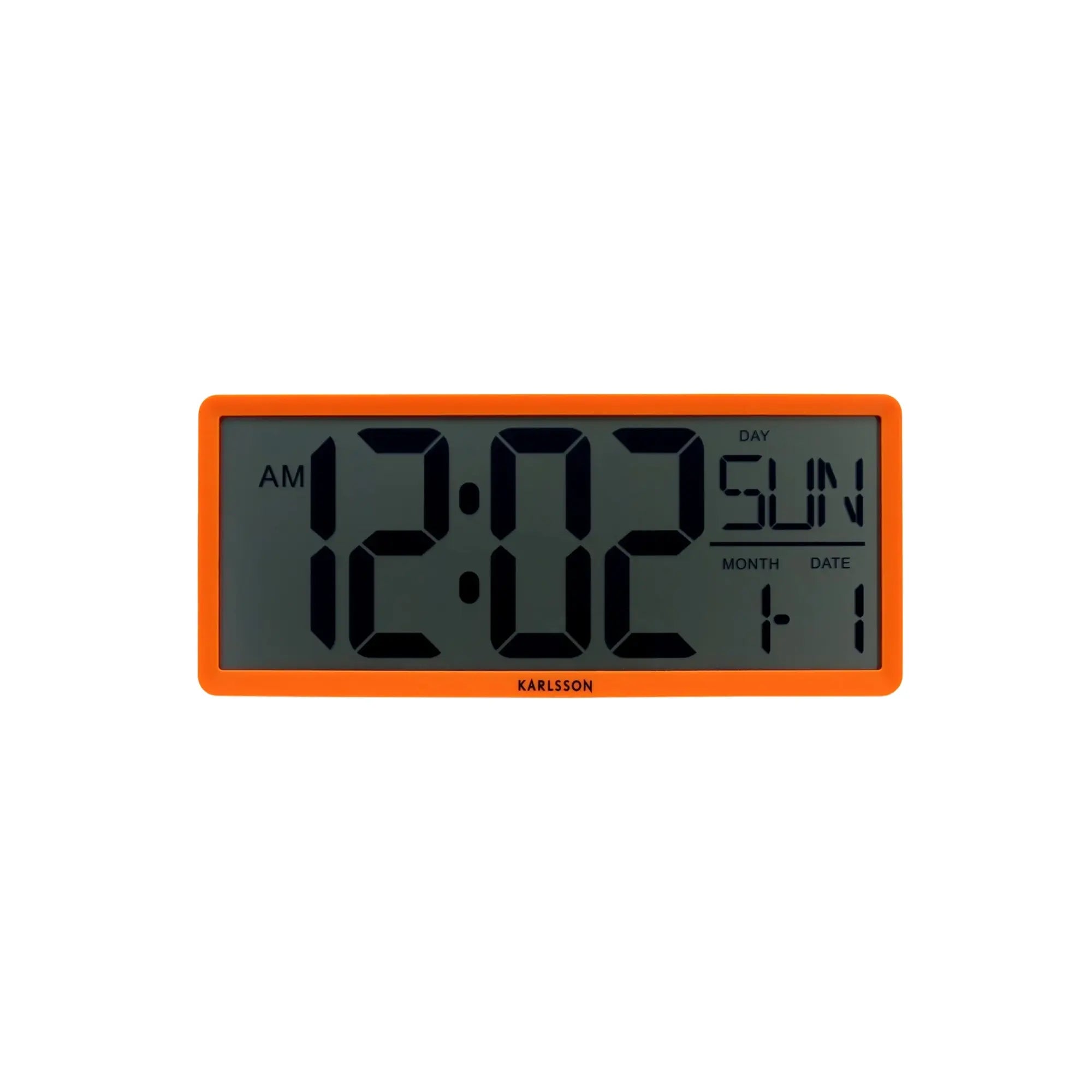 Karlsson Retro-LCD-Wanduhr mit orangefarbenem Rahmen und digitaler Anzeige für Uhrzeit