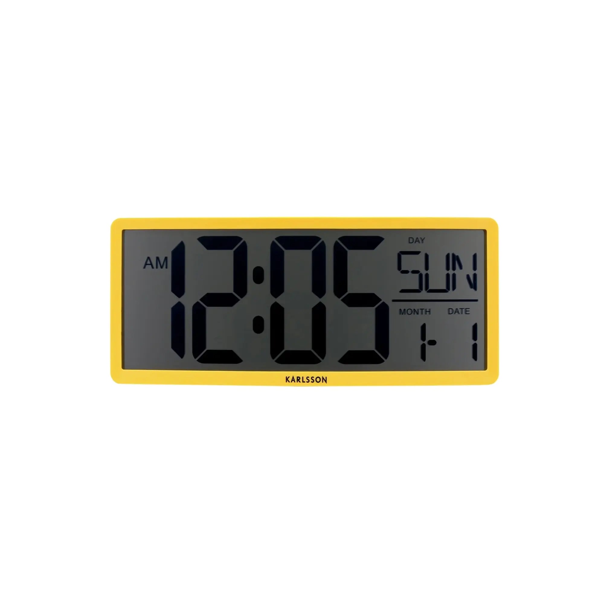Studioansicht: Retro LCD-Wanduhr mit hellgelbem Rahmen und schwarzer digitaler Uhrzeit.
