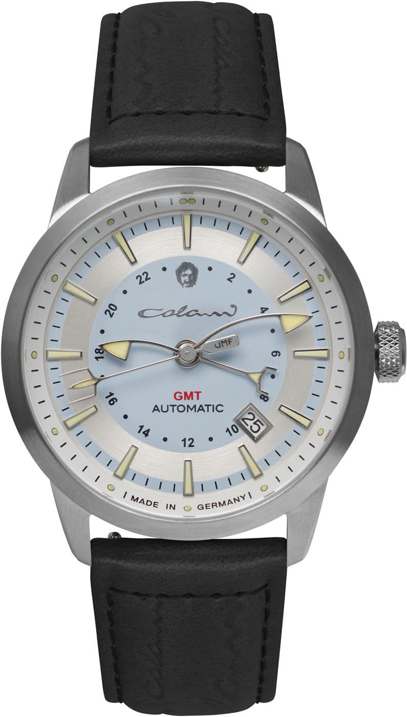 Herrenuhr mit rundem Edelstahlgehäuse, hellem Zifferblatt und schwarzem Lederarmband