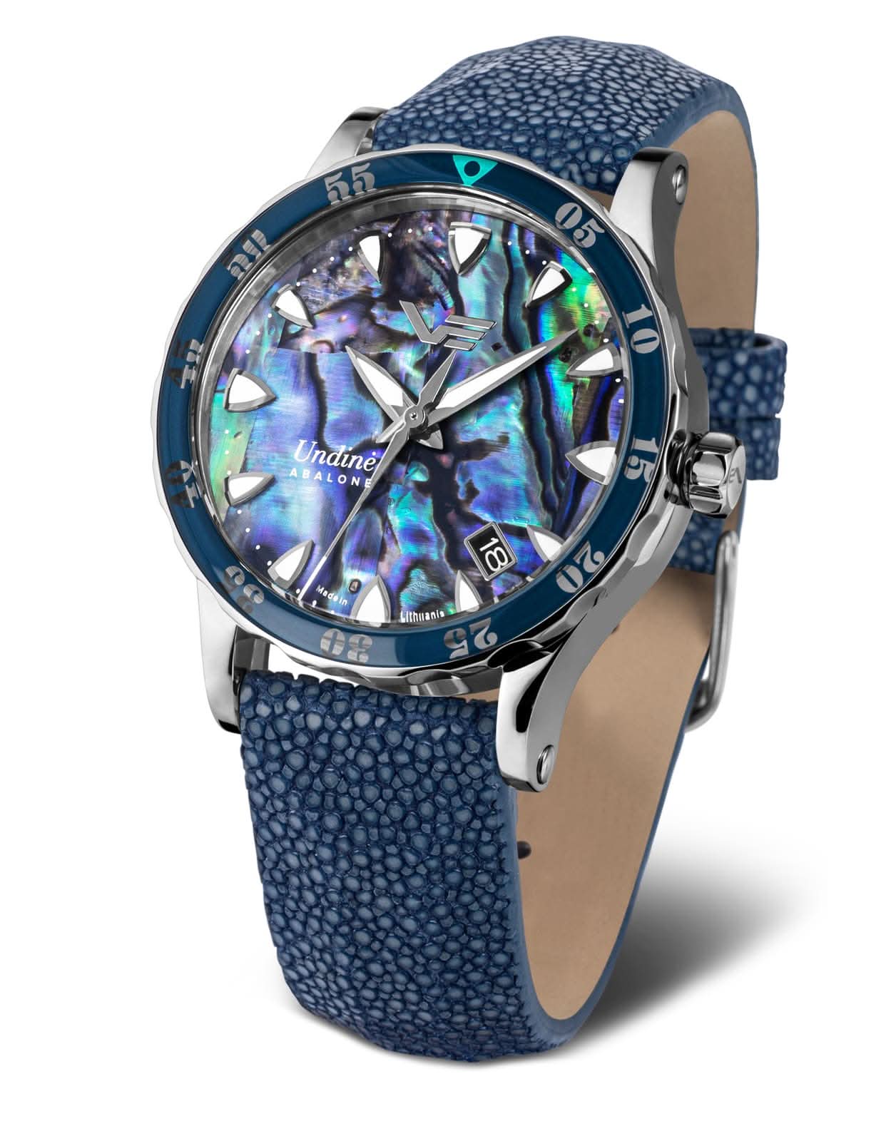 "Orologio da donna: cinturino in pelle blu, lunetta blu, quadrante in abalone con indici luminosi"